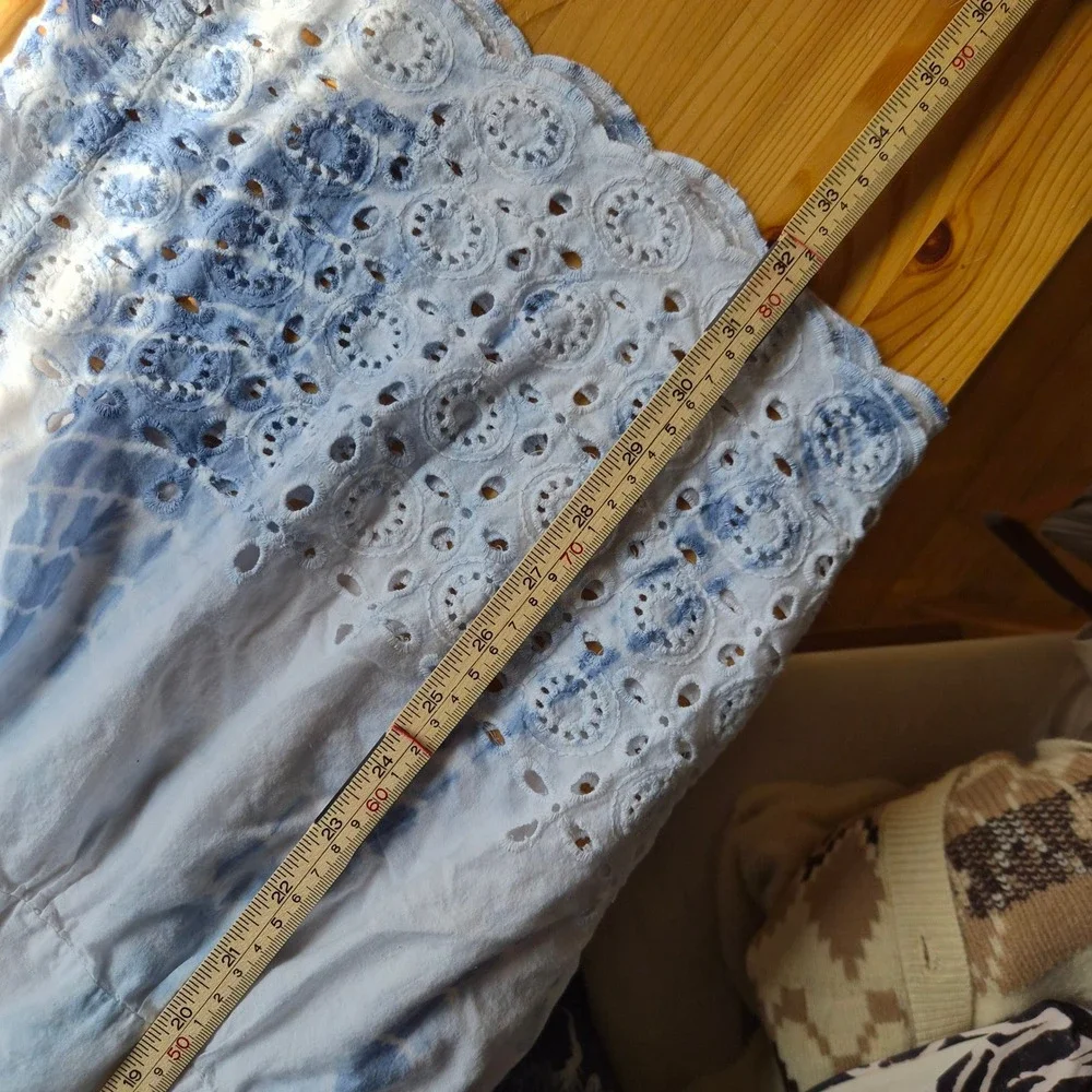 Blue White Tie Dye‎ Tiered Eyelet Hem Midi Skirt Elastic Waist Boho Summer